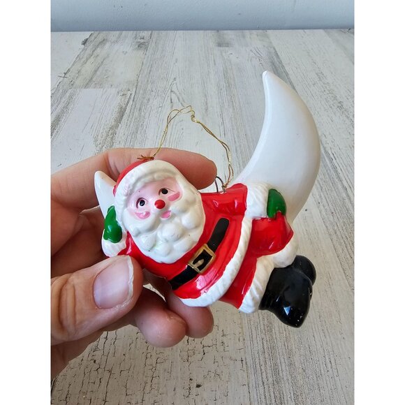 Vintage Enesco Santa Moon ceramic ornament red white shabby chic Xmas tree - Picture 2 of 7